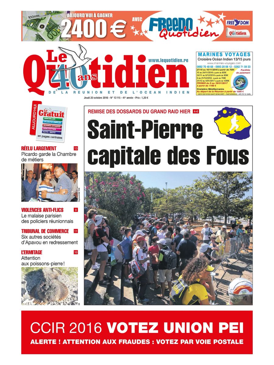 lequotidien's tweet photo. Bonjour, voici la Une du jour : 
#grandraid #trail #chambredemetiers #antiflics #police #violence #commerce #redressement #mer https://t.co/sKBhztOiFz
