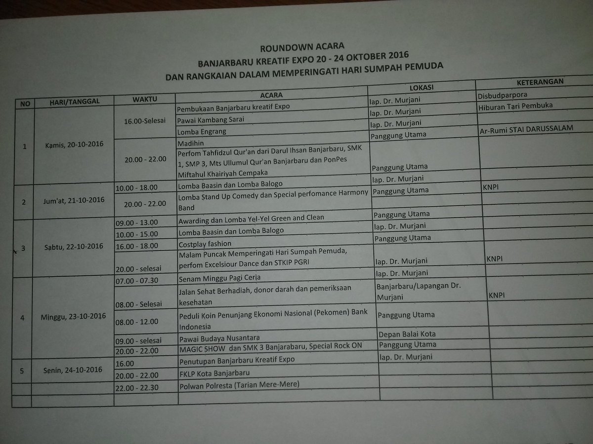 Roundown Acara Banjarbaru Kreatif Expo 
<a href="/Seputar_Bjb/">#Banjarbaru</a> <a href="/WargaBanua/">📍BANJARMASIN, KALIMANTAN SELATAN</a> <a href="/visitkalsel/">#visitkalsel</a> <a href="/Senibdayakalsel/">Seni Budaya Kalsel</a> <a href="/HabarBanjarbaru/">Kota Banjarbaru</a>