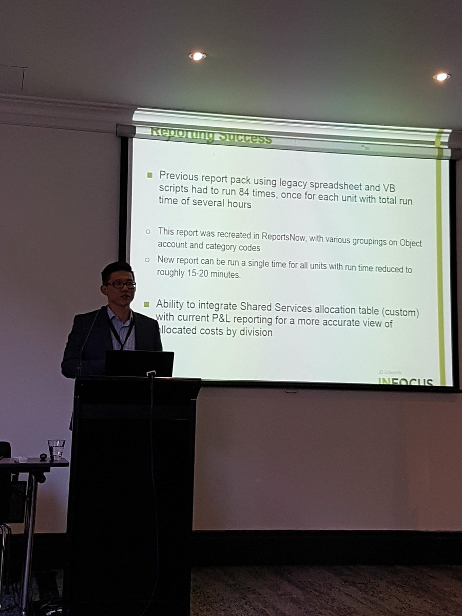 MyriadIT's tweet photo. Chris Feng, #JDEdwards tech lead from @ArdentLeisure explains how #reportsnow reduced their financial reporting time from 2-3hrs to 15mins https://t.co/kFp9Ckn8B6