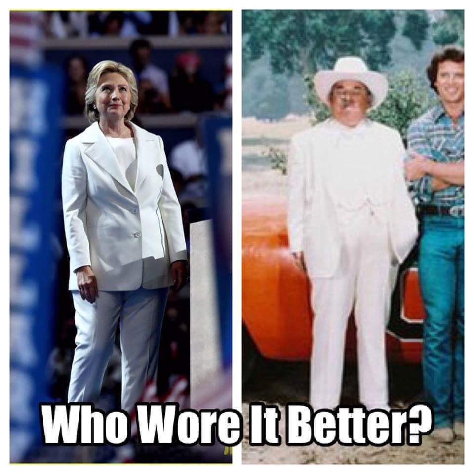 's tweet image. I wondered where I had seen @HillaryClinton's #debates attire before! #TCOT #NeverHillary #BossHogg #MAGA #TRUMP #HILLARY #HillaryVsTrump