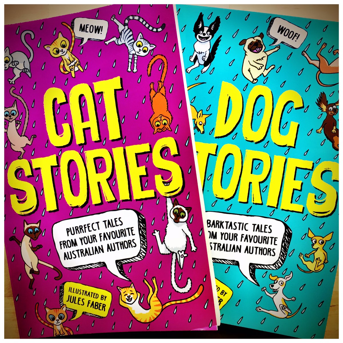 Advance copies of CAT STORIES and DOG STORIES. These kids' books will be out on 28 Nov. Excited to have stories in them. @PenguinKidsAus