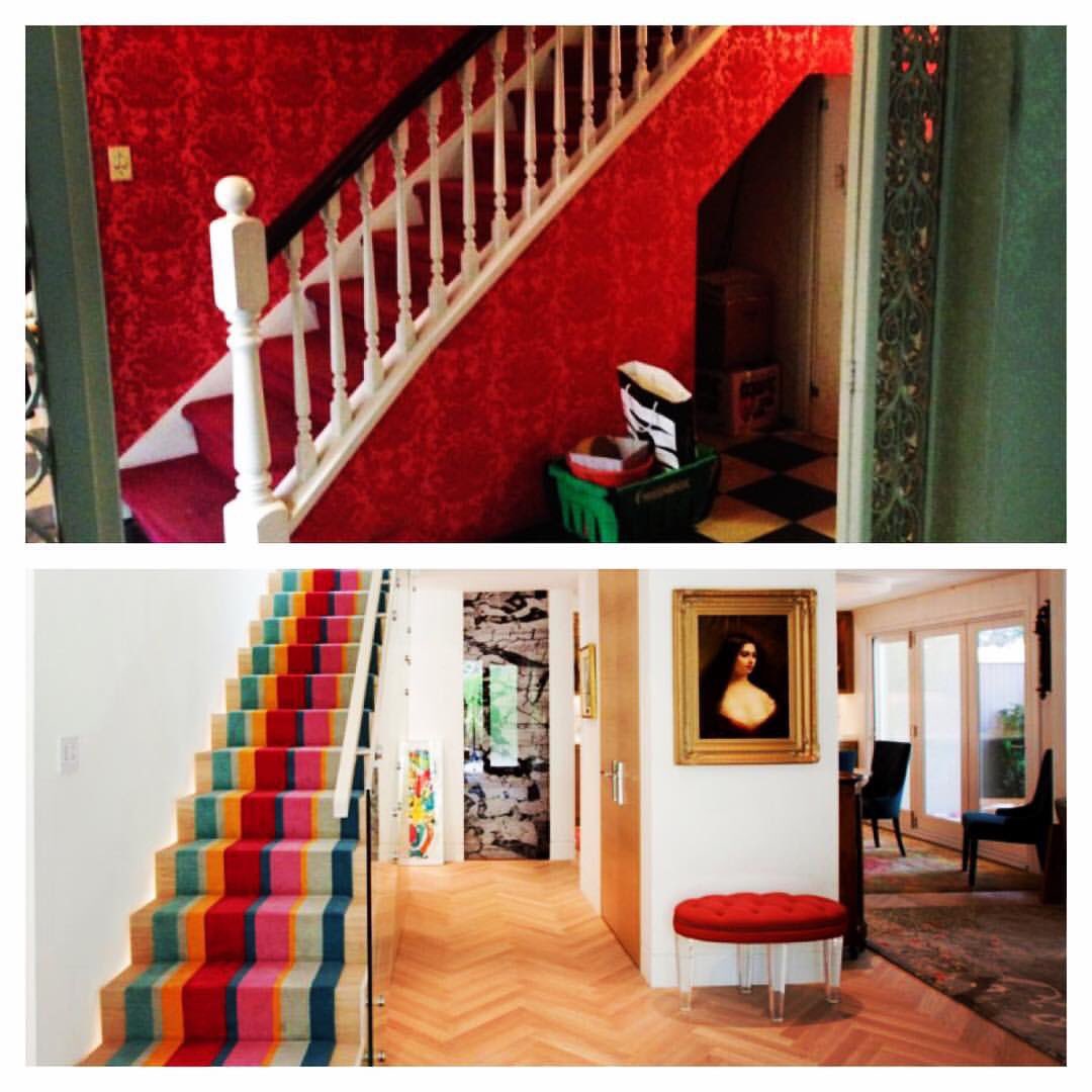 BriRagona's tweet photo. Love this before and after! Custom stair runner. Such a fun use of colour in this space! #hungerfordinteriordesign https://t.co/Fq5RQ9QS1S