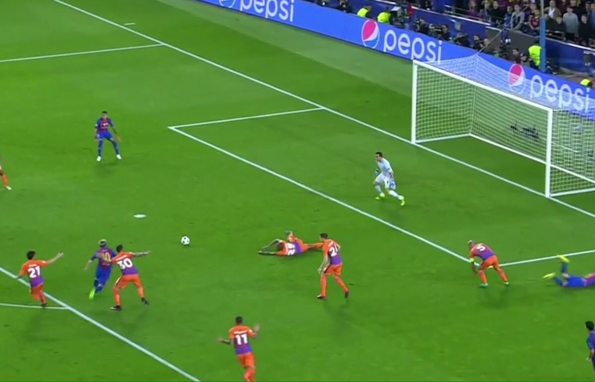 FootballFunnys's tweet photo. When you're defending against Messi and you know you can't do anything, so you simply lie down and watch him score. https://t.co/Z2I2E1FYz9