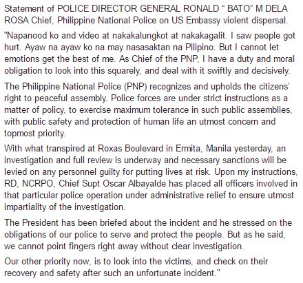 News5E's tweet photo. READ | Pahayag ni PNP Chief Ronald "Bato" dela Rosa sa marahas na dispersal ng mga raliyista sa U.S. Embassy kahapon. | via @jeffcaparas https://t.co/uF5bG1m1Jc