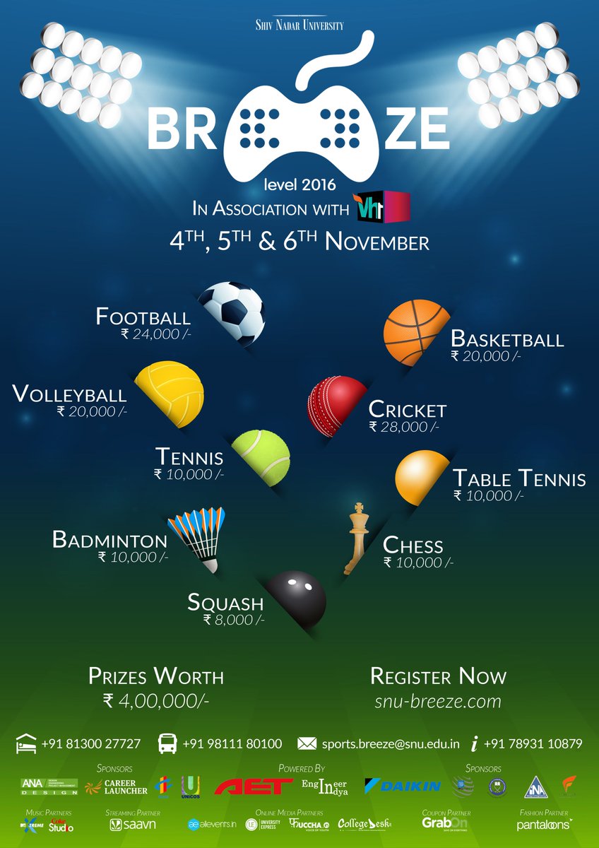 #Breeze16 | Sports Arena

CASH PRIZES UPTO 4 LAKHS.
Battle it out this 4th, 5th and 6th November