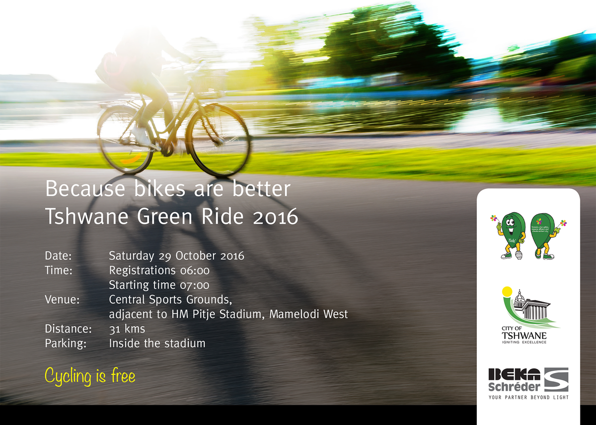 BEKASchreder's tweet photo. Grab the family and hop on your bikes to help us Green Up @CityTshwane: Join the movement #CyclingForGreenPower https://t.co/bbGLUZaE2s