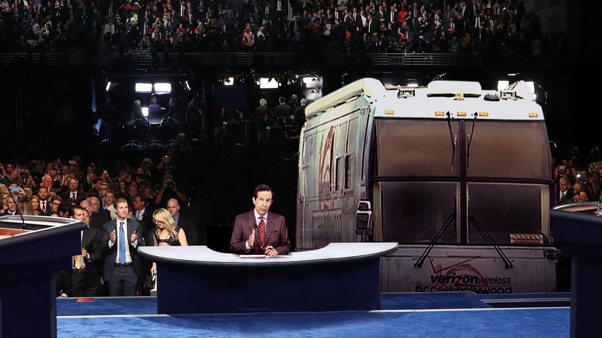 carterwitt's tweet photo. Hillary Clinton Invited The ‘Access Hollywood’ Bus To Sit In The Front Row Of The Debate #DebateNight https://t.co/TJOruRTzKC