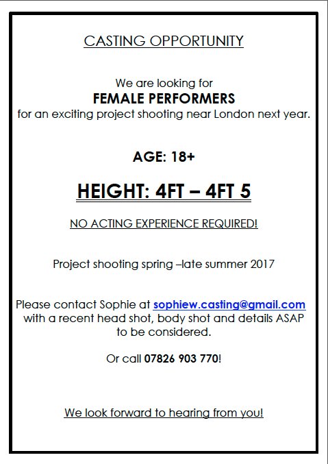 sophiew_casting's tweet photo. Every Thursday is a little Friday.....! Remember - it's not too late to apply for our search! #4ftfemale #audution #thisgirlcan https://t.co/6f20vek9DD