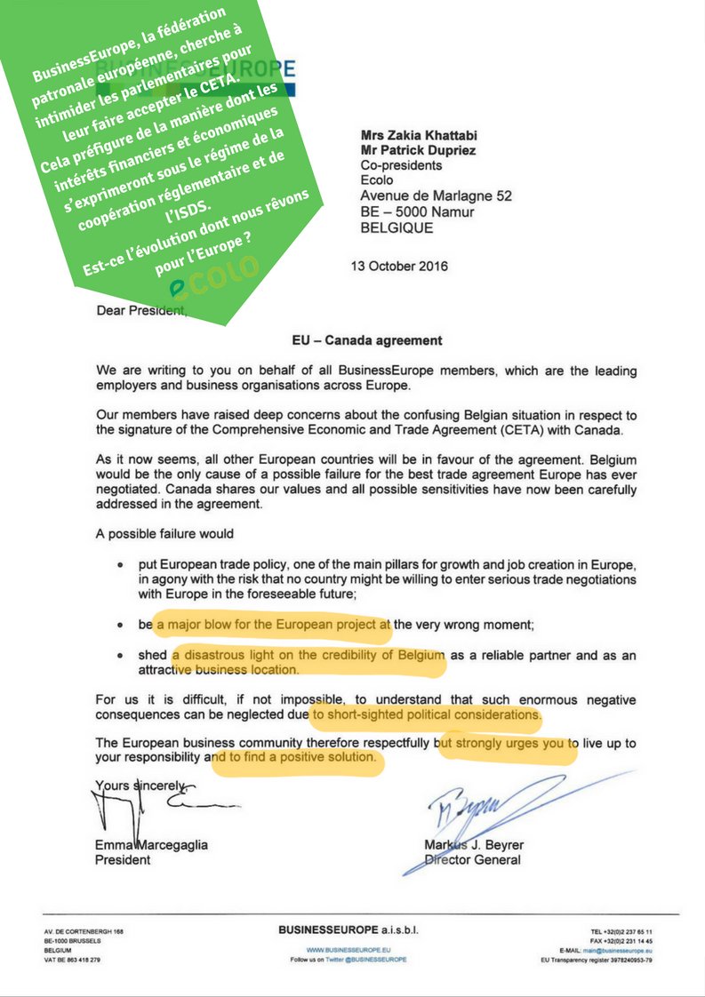 MaximCombes's tweet photo. Lettre du principal lobby économique européen #BusinessEurope pour faire pression sur le Parlement Wallon pour qu'il accepte le #CETA https://t.co/ZudkqFMRKE