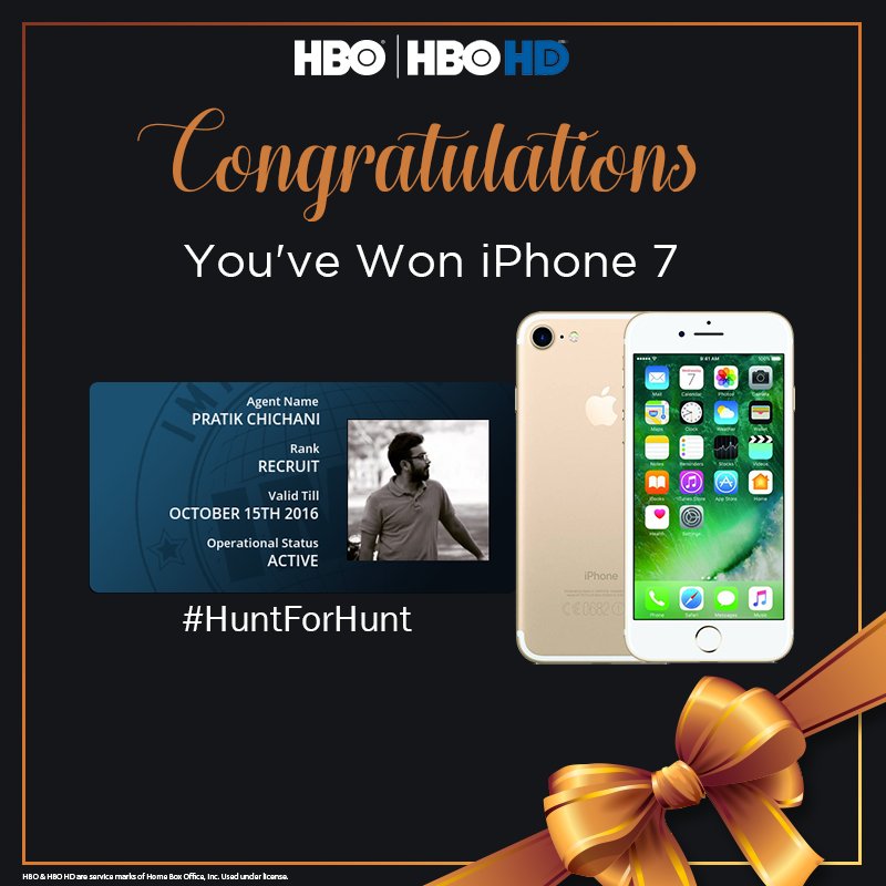 HBOINDIA's tweet photo. #Congratulations, Pratik Chichani!
What many dream of, you've just won. Cheers for #iPhone7!
#HuntforHunt https://t.co/W0H1QFIK9j