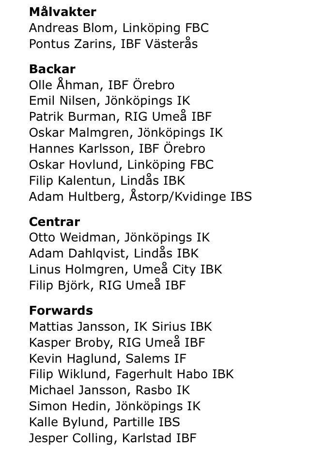 Här är U19-herrlandslagets trupp till Euro Floorball Tour i Växjö 4-6 november: