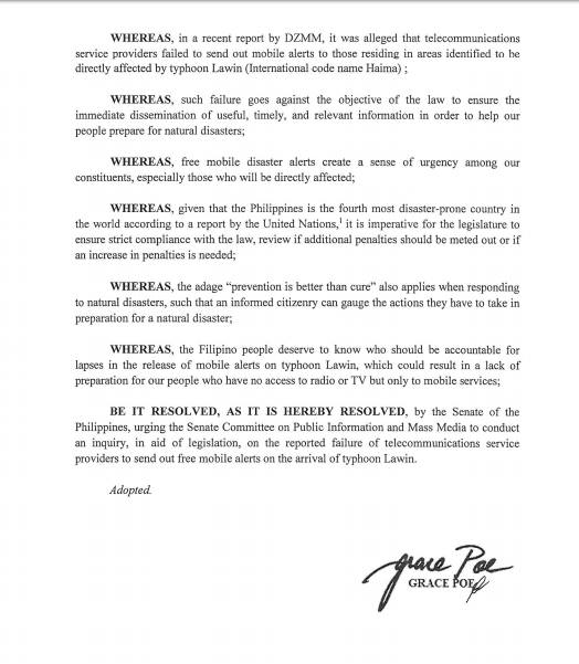 newswatchplusph's tweet photo. .@SenGracePOE files resolution to probe 'failure' of telecoms service providers to send free mobile alerts on the arrival of #LawinPH https://t.co/icOSZ51Wor