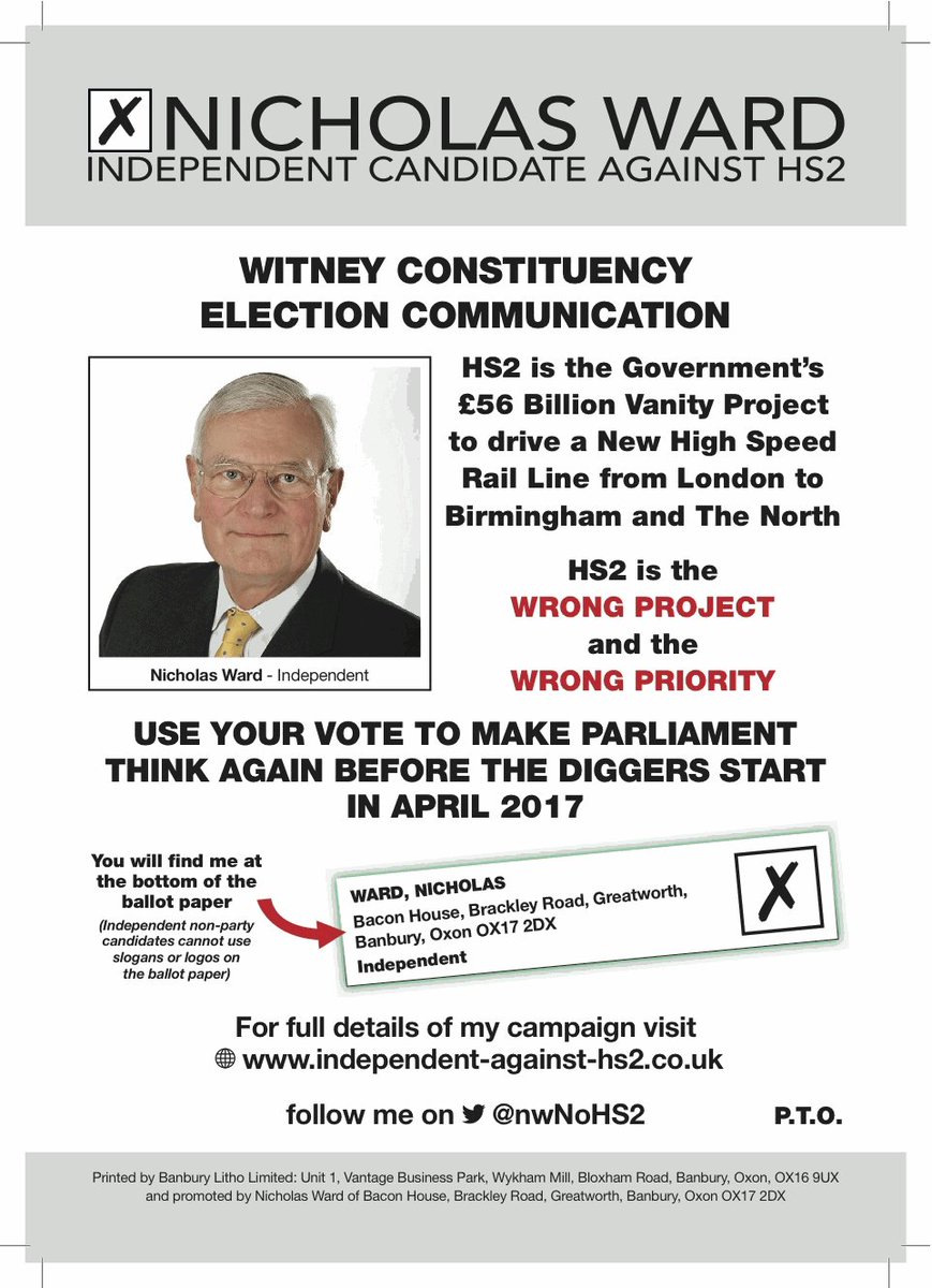 nwNoHS2's tweet photo. #WitneyByElection  Vote WARD today to make Parliament think again #HS2!  Wrong Project.  Wrong Priority. https://t.co/oEWMfed3rp