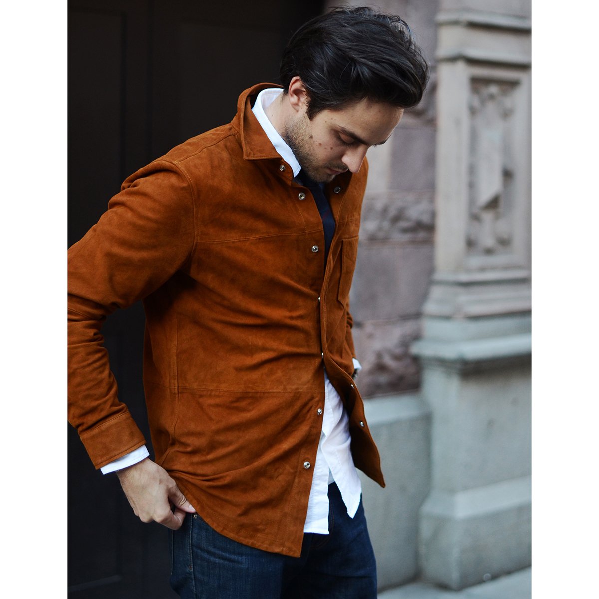 Influencer and entrepreneur <a href="/mschuterman/">schuterman</a> looking all Ruggered up in layered Suede and Dreamy Oxford shirt 👔 || Alina