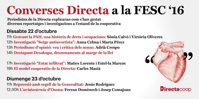 La_Directa's tweet photo. Vols saber com es fan els reportatges de @La_Directa? Les nostres periodistes ho explicaran a #ConversesDirecta durant la #FESC2016 https://t.co/ruEZlUE98S
