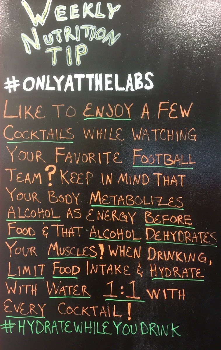 TheLabsUSA's tweet photo. Drinking during football? Limit food intake on top  #empty #calories &amp; drink water with every #cocktail #hydratewhileyoudrink #onlyatthelabs https://t.co/qmcMYe8ngx