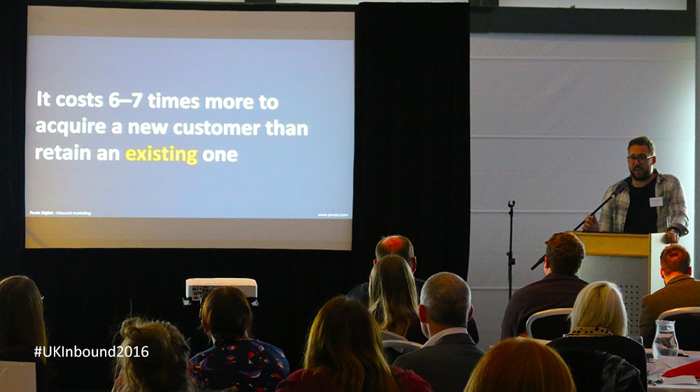 Prodo's tweet photo. "It costs 6-7 times more to acquire a new customer than retain an existing one." - @prodopaul #UKInbound2016 https://t.co/QLDL7gIH40