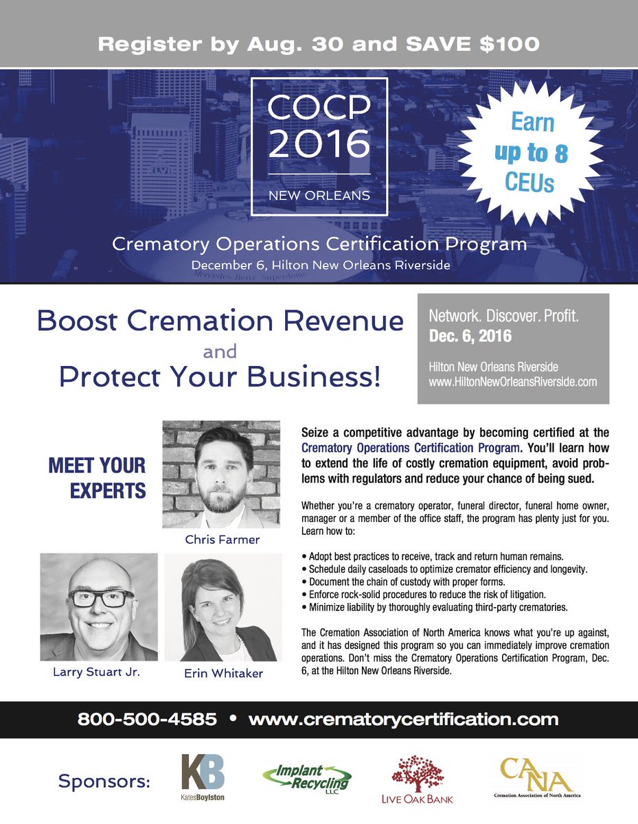funeralinsider's tweet photo. Join some of the top cremation experts at the Certification Program in New Orleans. Visit https://t.co/VZDFqpRo0U #NewOrleans #funeral https://t.co/cF5aovEgmj