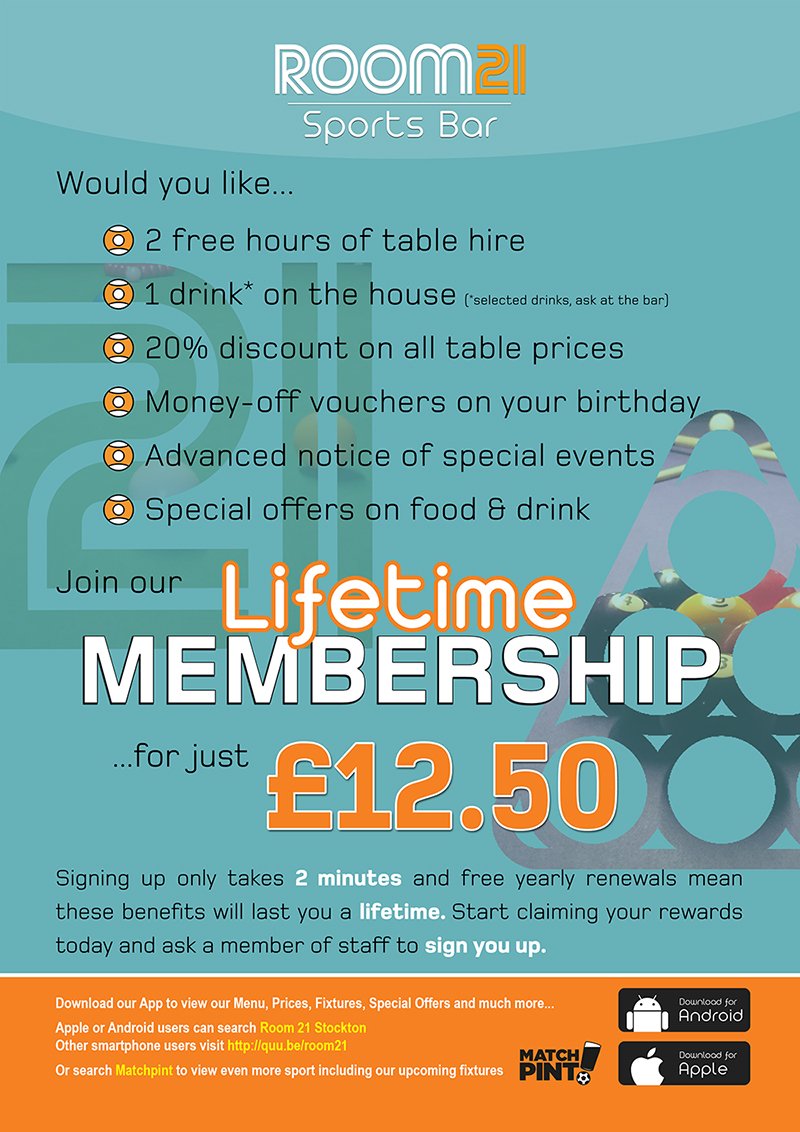The benefits of our memberships now last a LIFETIME. Sign up at the bar, it only takes 2 mins #Room21Stockton #SportsBar #ThingsToDoStockton