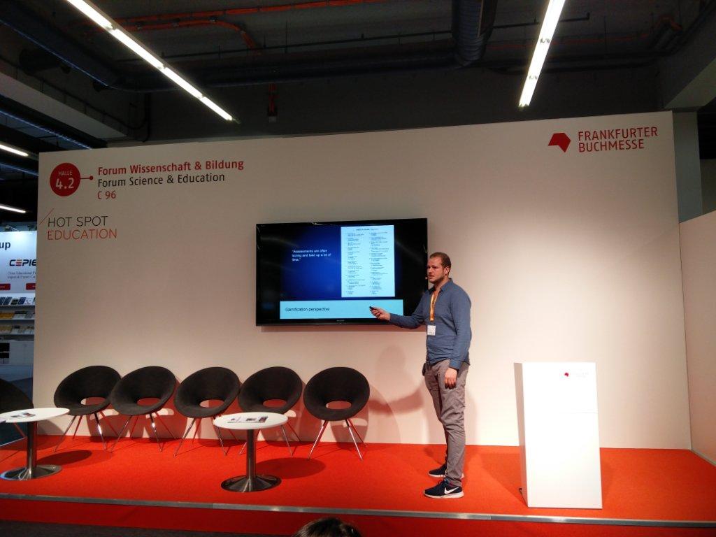 IamProgrez's tweet photo. CoFounder @Huib04 delivering his Gamified Assessment presentation at @Book_Fair #fbm16 #fbm #gamification https://t.co/9gJGAPOaMg