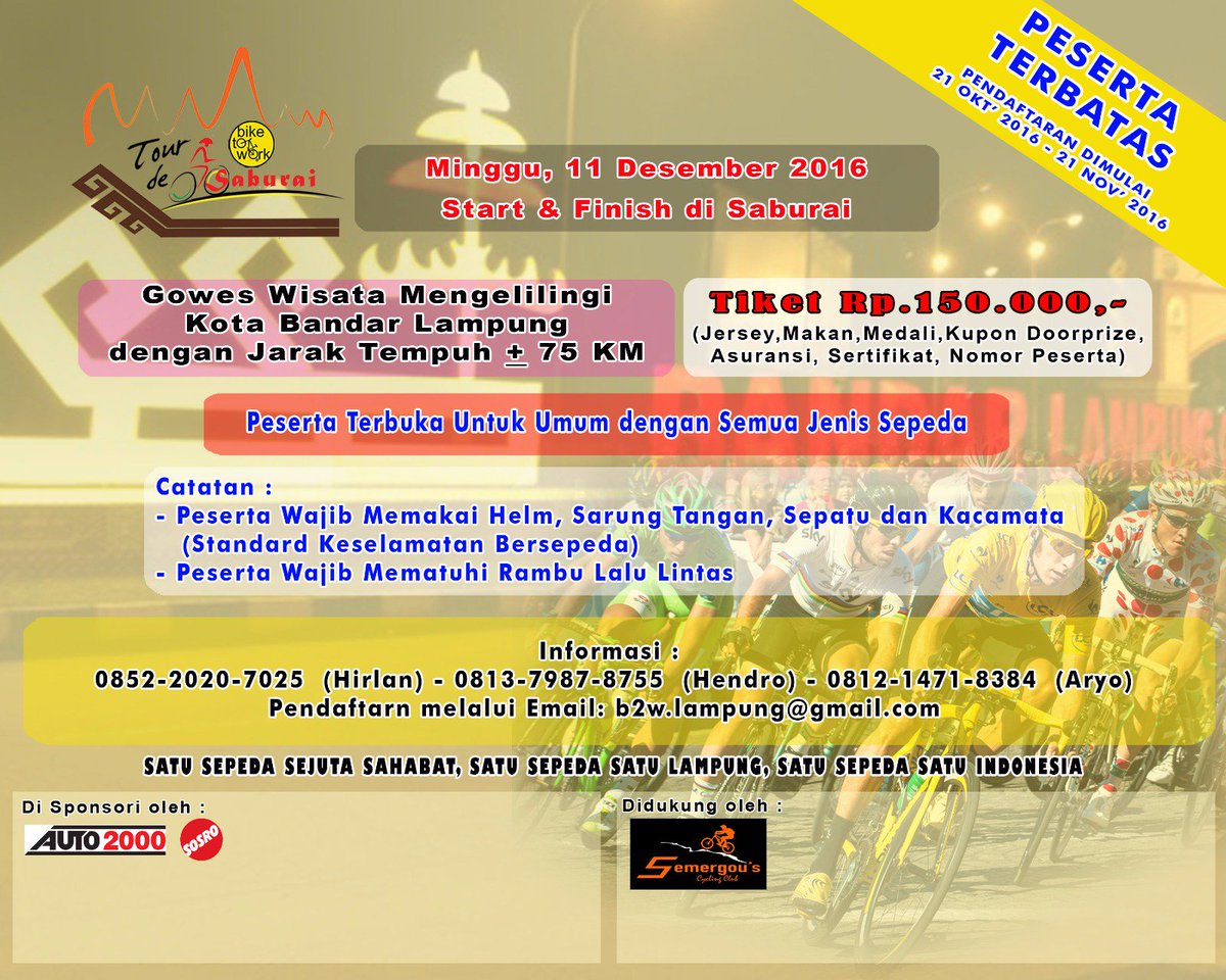 Buruan daftar peserta terbatas <a href="/B2WIndonesia/">Bike2Work Indonesia</a> <a href="/radarlampung/">Radar Lampung</a> <a href="/BDLbike/">#UdahSepedaAja</a> <a href="/b2wJuliusCaesar/">Julius Caesar</a> <a href="/rio_adc/">Aryo Datta</a> <a href="/InfoBDL/">Info Bandar Lampung™</a> <a href="/tribunlampung_/">tribunlampung</a> <a href="/supriyadialfian/">Supriyadi Alfian</a>