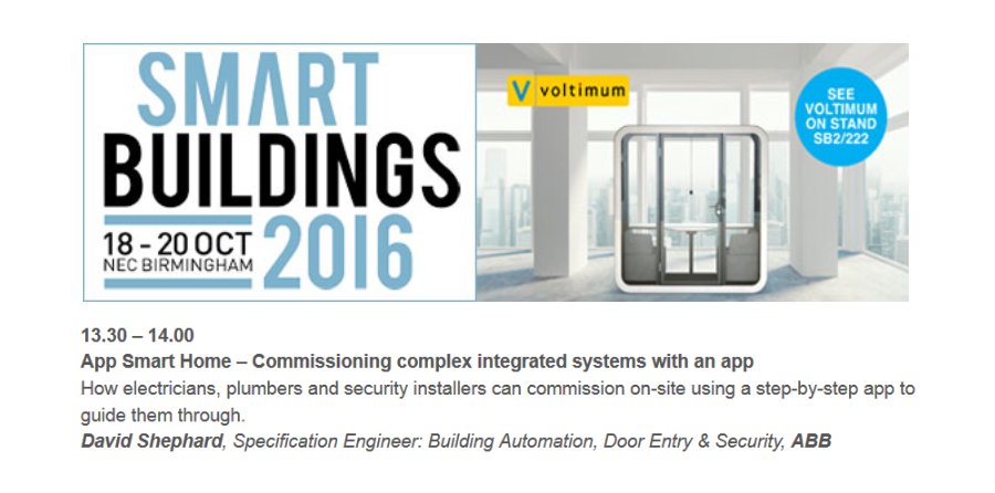 ABBUKEP's tweet photo. #ABB's David Shephard presents "App Smart Home – Commissioning complex integrated systems with an app" @sbshowUK #SBshow today at 1:30PM https://t.co/78RG1mh1VA