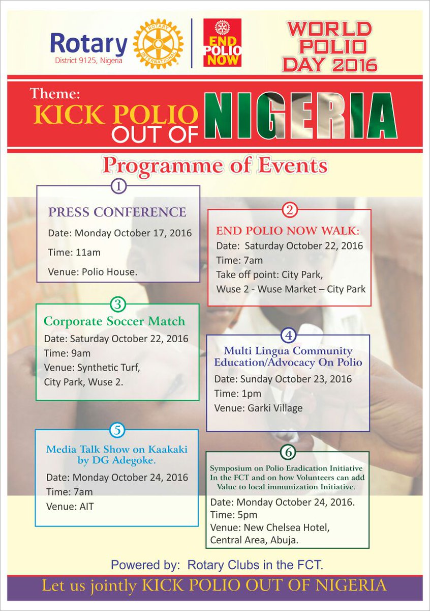 YISEDNigeria's tweet photo. Saturday, October 22, 2016. Venue:City Park, Wuse 2, Abuja. Time is 7am. #StandAgainstPolio #EndPolioNow #RotariansontheGo @officialrosmith https://t.co/SYeFT753IR
