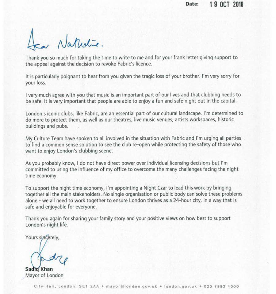 ItsBennyV's tweet photo. Letter from @SadiqKhan after heartfelt plea from sister of drug overdose victim re @fabriclondon closure
https://t.co/oq9XDZgdmr
#SaveFabric https://t.co/d0Wywxo5UI