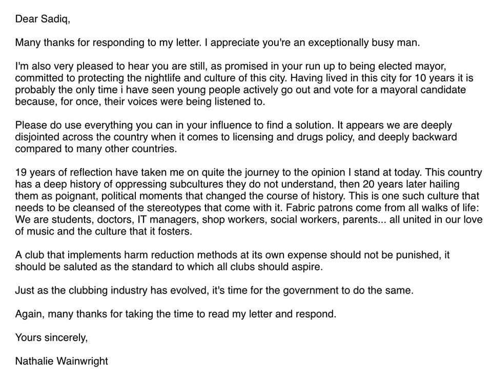 ItsBennyV's tweet photo. Letter from @SadiqKhan after heartfelt plea from sister of drug overdose victim re @fabriclondon closure
https://t.co/oq9XDZgdmr
#SaveFabric https://t.co/d0Wywxo5UI