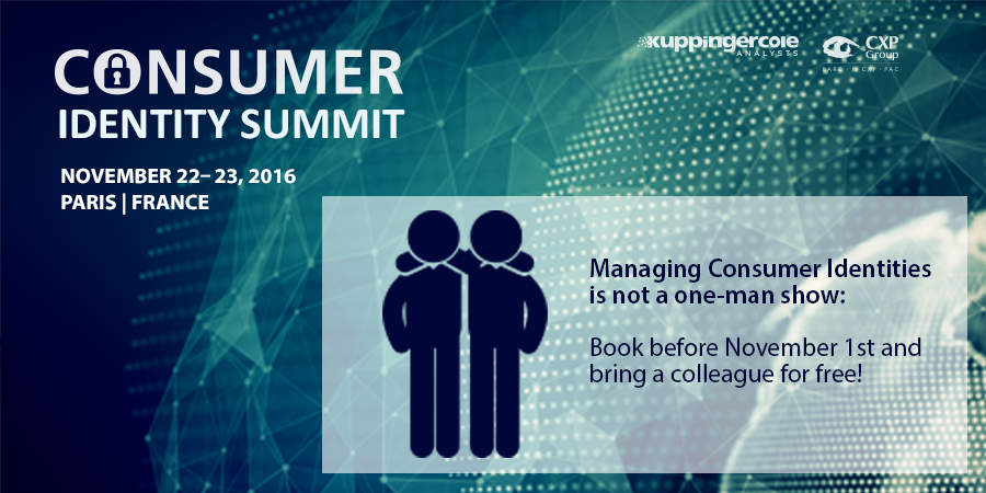 kuppingercole's tweet photo. Managing #ConsumerIdentities isn’t a one-man show – Bring a colleague for free to the #ConumerID16 in Paris - @CXP   https://t.co/vSHG6btCsN https://t.co/9iPlPDDHaC
