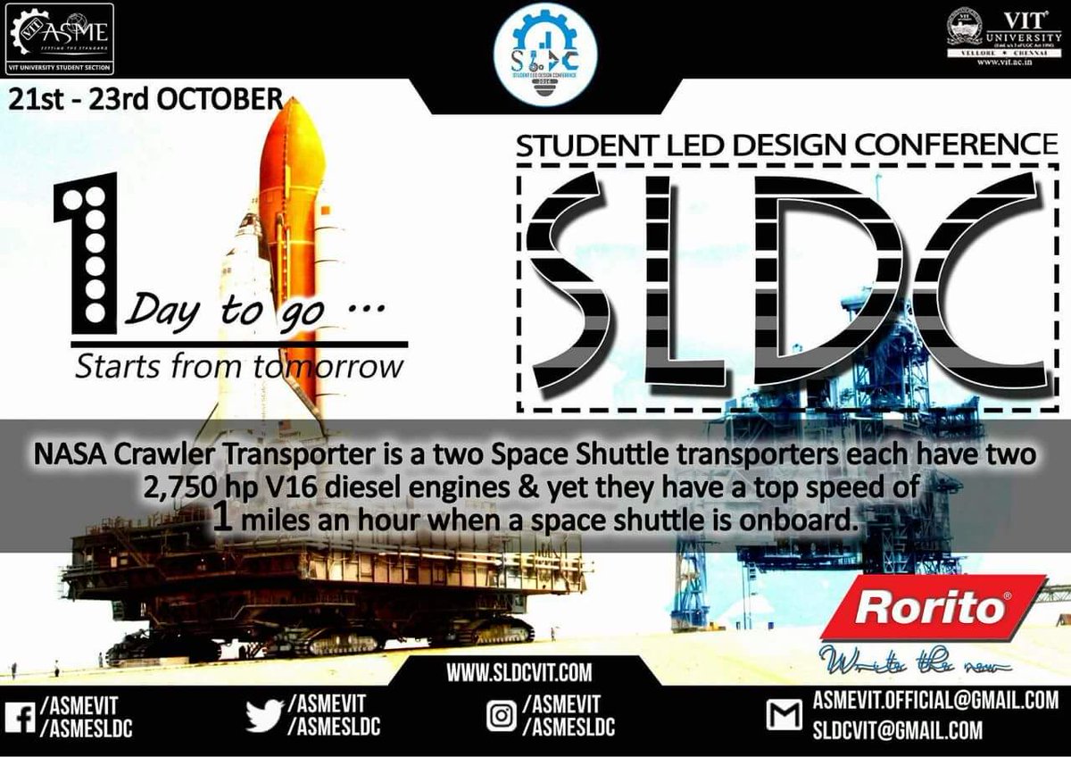 Mechnovate's tweet photo. 1 Day to go!!
Hurry Up and register now at https://t.co/i4HW7bii71
#SLDC2016
#VIT_UNIVERSITY
#ASMEVIT
#SettingTheStandards https://t.co/3nPyP1QrHN