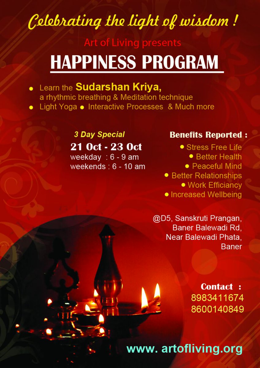 aolbaner's tweet photo. #Happiness Programs morning/evening batches in Baner area starting tomorrow. #yoga #meditation #sudarshankriya #Pune https://t.co/IlMnyn9Gnf
