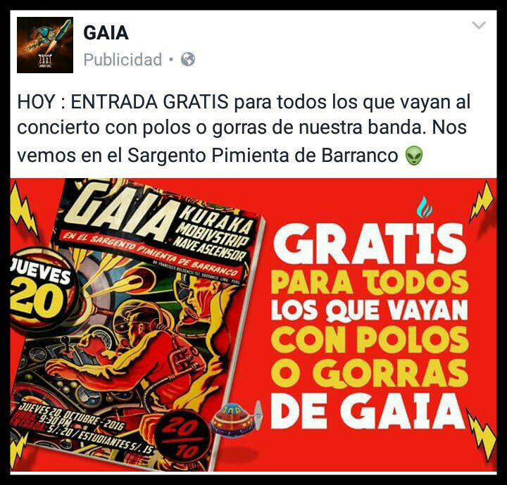 Vuelo707's tweet photo. Entradas Gratis Hoy !
GAIA
Sargento Pimienta ! 
Atentos 
#Gaia
#Kuraka
#Mobivstrip
#NaveAscensor 
@gaiaperu 
@elkuraka 
@SargentPimienta https://t.co/1vaD4VyRJH