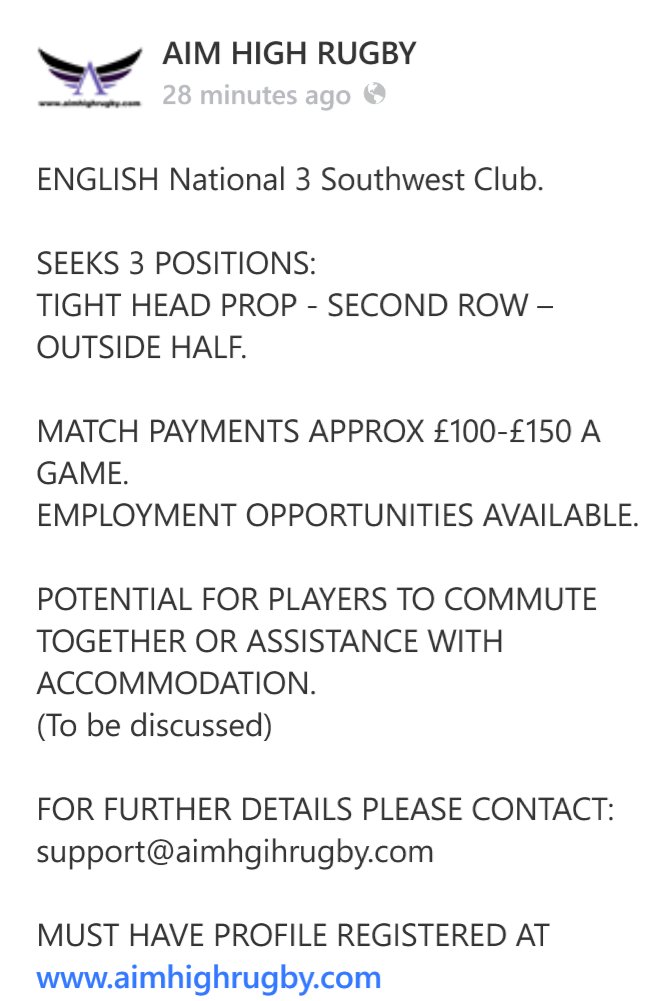 ENGLISH NATIONAL LEAGUE 3 CLUB SEEKS PLAYERS #rugby #rugbynation #rugbyfamily