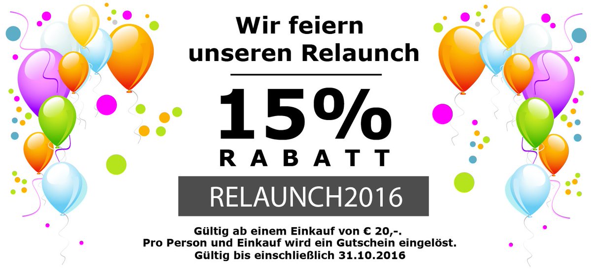 Wir feiern den #Relaunch! Jetzt TOP-#RABATT sichern! Schaut einfach rein, wir freuen uns auf Euch.