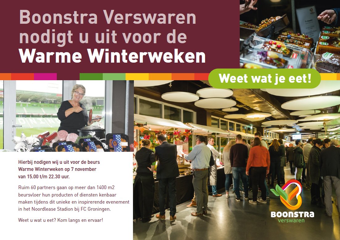 Beurs "Warme Winterweken", we hebben de uitnodiging begin van de week verstuurd. Heeft u de uitnodiging niet ontvangen? Laat het ons weten!