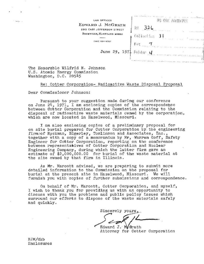 EnviroArchives's tweet photo. 1971-06-29 – Cotter – Letter to AEC – Weldon Spring Radioactive Waste Disposal Proposal https://t.co/1Bl6unonBP https://t.co/zxBJAFlMzz