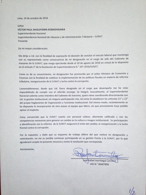 La carta de renuncia del ex Jefe de Asesores de Sunat: 