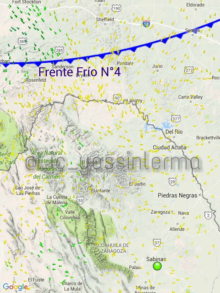 Posición actual del FrenteFríoN°4 ya próximo a #Coahuila podría generar #Viento, #Lluvia Fuerte y #TemperaturaBaja
