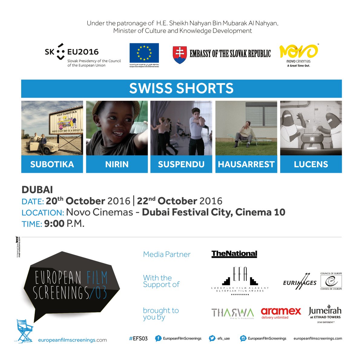 Do not miss our #SwissShorts Films opening our special program in @NovoCinemasUAE  #DubaiFestivalCity #fortheloveofcinema @TheNationalUAE