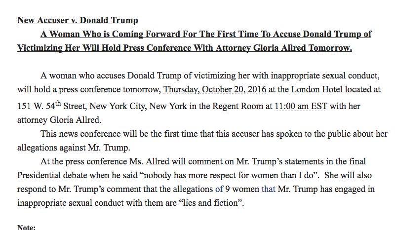 JeffreyGuterman's tweet image. Gloria Allred announces another woman accusing #Trump of inappropriate sexual conduct to come forward at 11:00 a.m. jezebel.com/gloria-allred-…