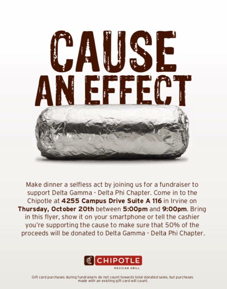 Come get some Chipotle tonight from 5-9pm and cause an effect! 50% of the profits will go to our foundation Service for Sight⚓️👓 #DoGood