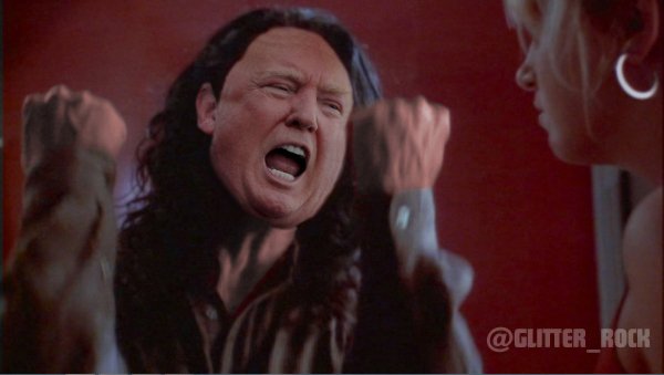 Glitter_Rock's tweet photo. Not getting the promotion he deserves, disturbing hair, incomprehensible speech, denying things, infidelity...Trump is Johnny from THE ROOM! https://t.co/DnHh41E522