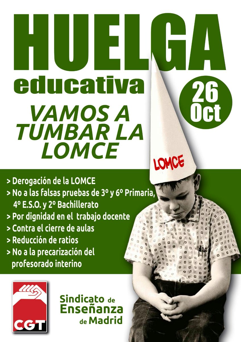#Huelga26O general educativa #NOalasReválidas y en #Madrid a 18h mani #MareaVerde Neptuno a Ministerio Educación ¡Toma las calles!