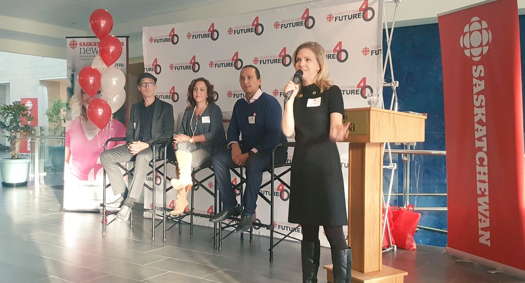 CBCSask's tweet photo. Kicking off the #cbcfuture40 panel with @cadmusd @saysjami @taroncochrane hosted by @JillMorganCBC! https://t.co/lY0ILYEOU5
