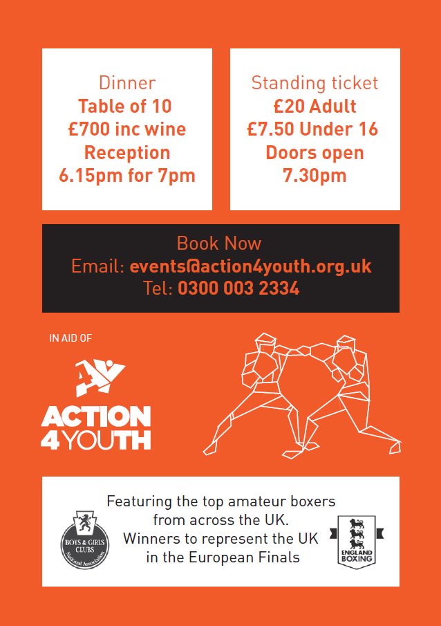 The boxing night supports <a href="/Action4Youth/">Action4Youth</a> and tickets are available for dinner or simply to watch: po.st/BoxingNightAtAP