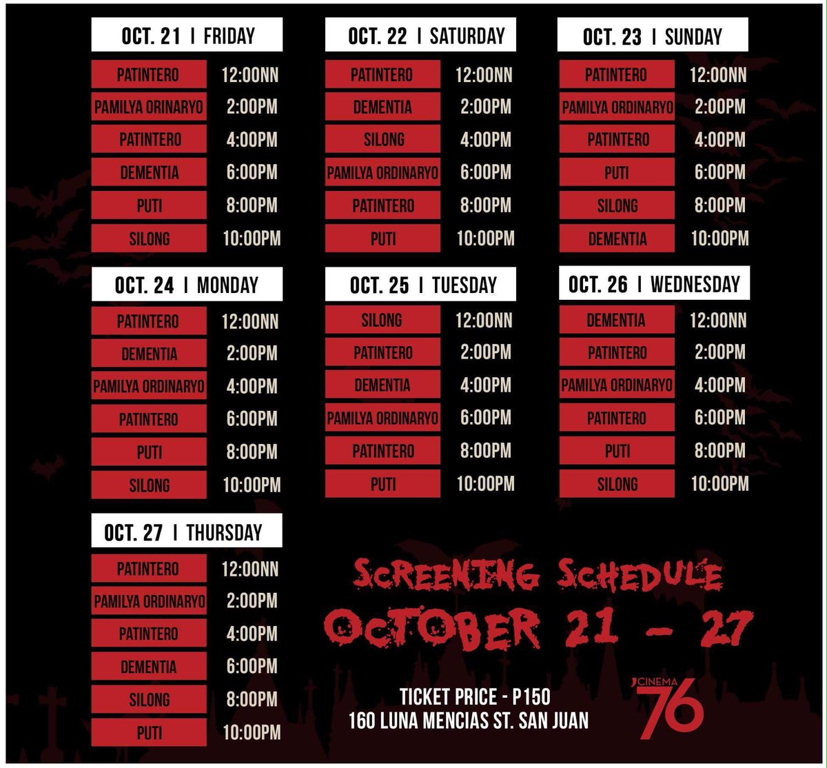 cinema76fs's tweet photo. Cinema '76 Schedule for Oct. 21 - 27! With horror titles included! @SilongOfficial @dementia @puti https://t.co/DhsucuCvD9