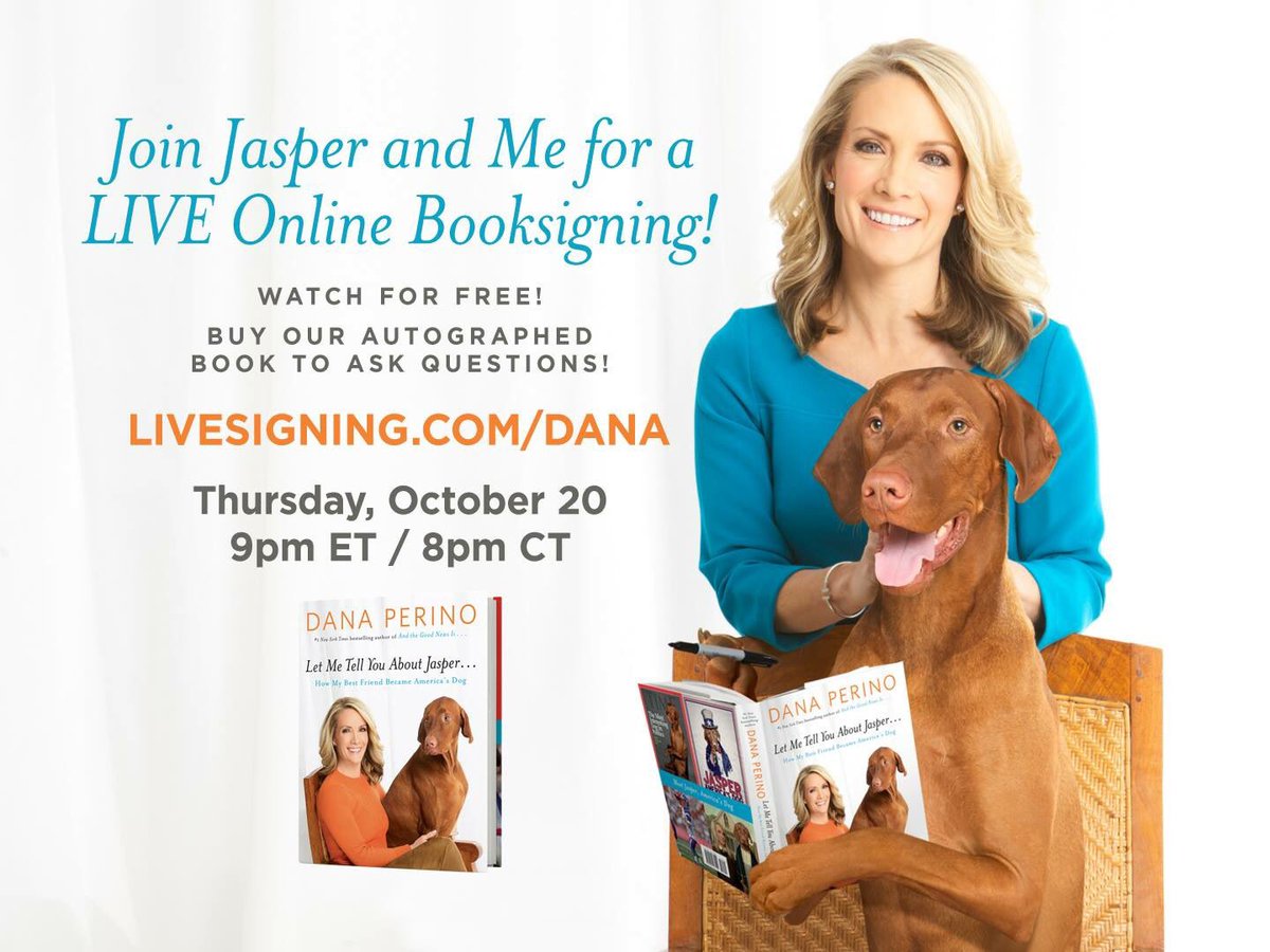 DanaPerino's tweet photo. Jasper & I are looking forward to giving you a call tn @9pm - #livebooksigning #Americasdog https://t.co/xVHMultTQc https://t.co/ZwUTioO3jt