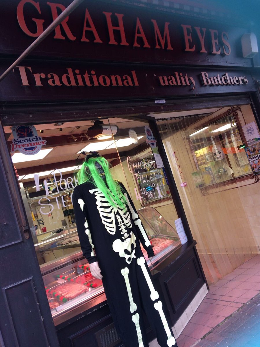 Funnybones is chilled to the bone and needs a bit of meat to plump him up! Where better to hang out than <a href="/GEyesButchers/">Graham Eyes Butchers</a>! @spookport