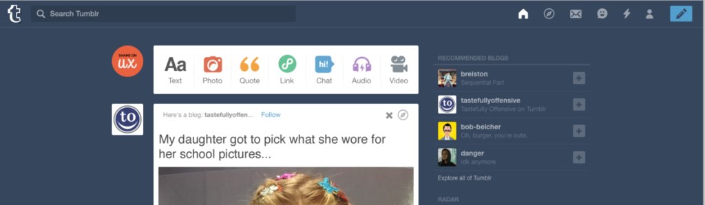 ShameOnUX's tweet photo. Tumblr, why is there not a one click option to see my page? I toggle back and forth A LOT. Isn’t that a MAIN FUNCTI… https://t.co/pnttCeu2mb